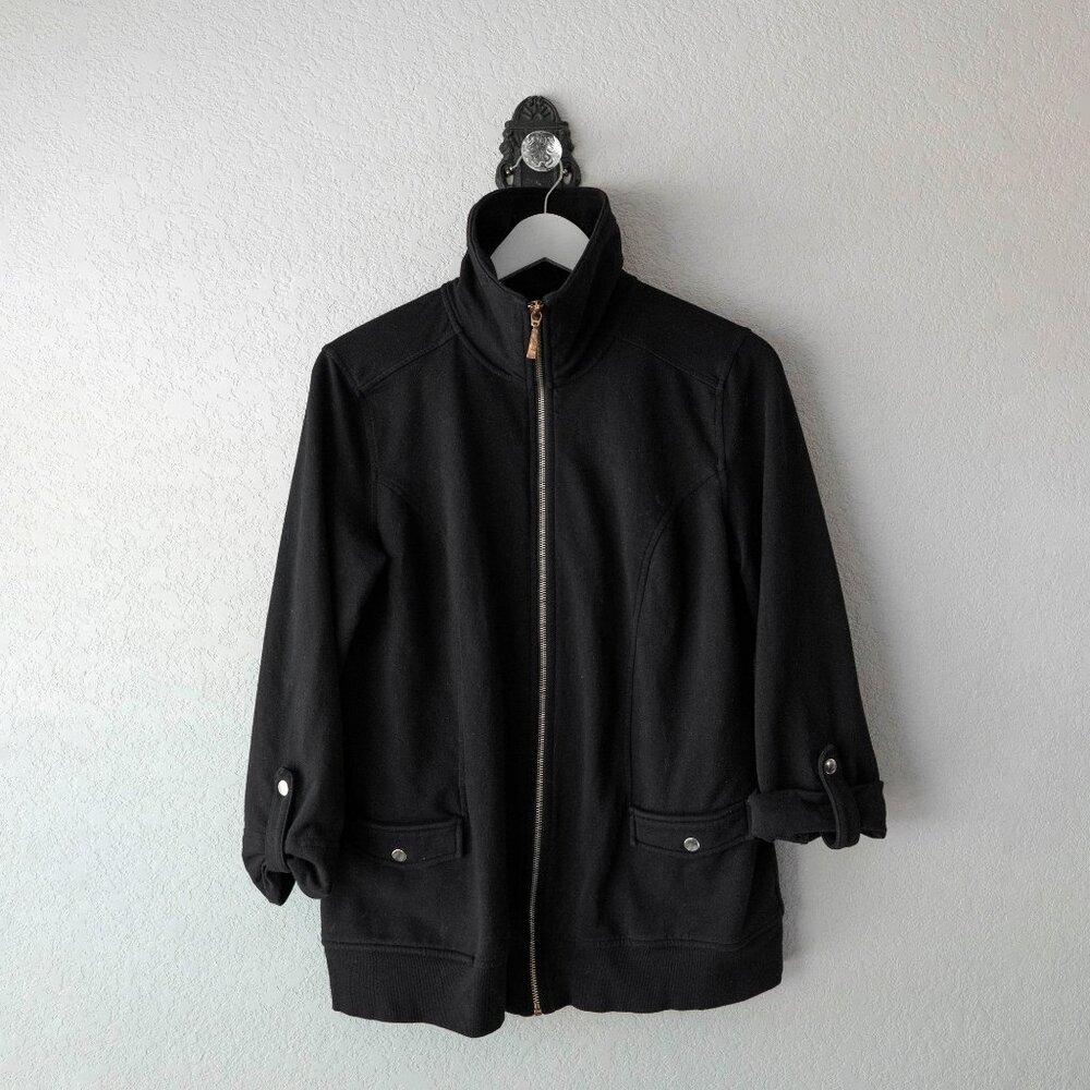 Karen Scott Size Small Black Jacket Full Zip Gold Hardware Roll Tab Sleeves - Picture 2 of 7